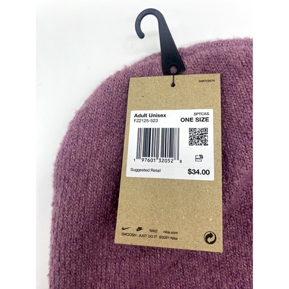 Nike Gorro Peak Unisex Beanie Hat Pink Morado Stretch Swoosh Spellout Winter Cap - Picture 3 of 4